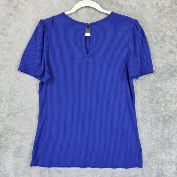 Express Shirt Womens Large Blue Ribbed Short Sleeve Puff Shoulder Stretch Rayon - Picture 11 of 11